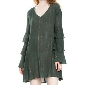 HOLIDAY V-NECK LONG SLEEVE RUFFLE MINI DRESS